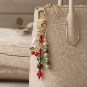 Cherry Tree Red and Green Beaded Bag Charm Keychain with Real Pearl Detail